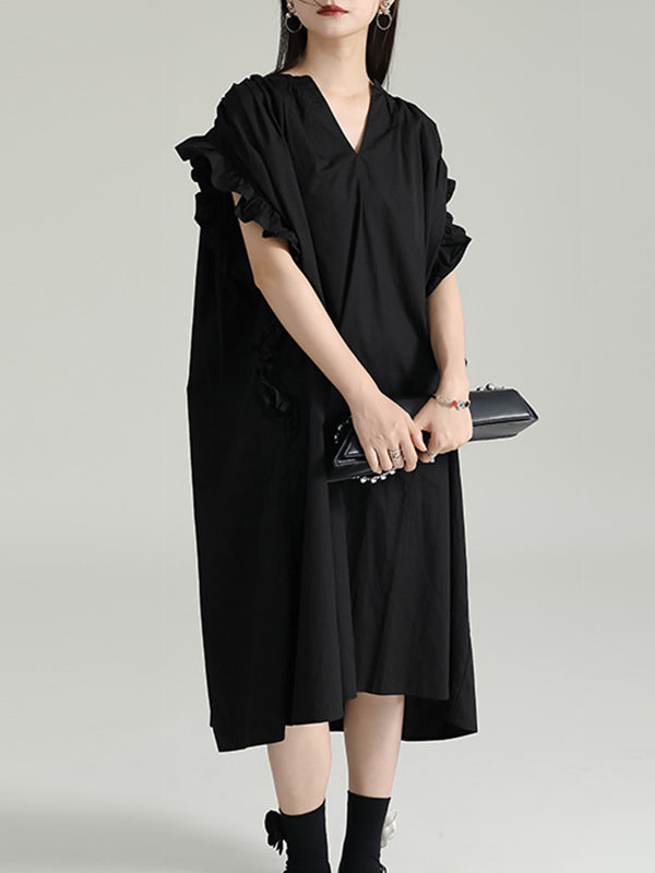 Adjustable Drawstring Pleated Solid Color Loose Raglan Sleeve V-Neck Shirt Dress Midi Dresses