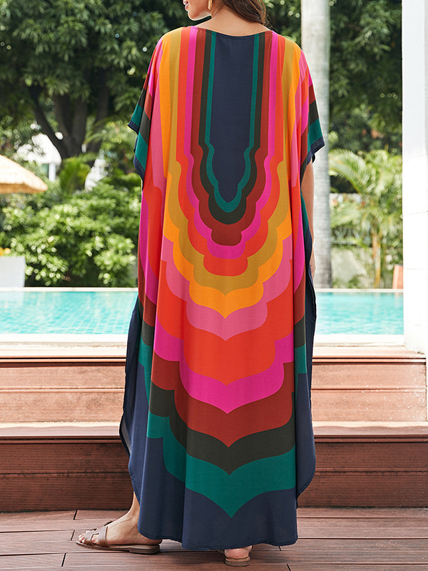 Contrast Color Printed Sun Protection Batwing Sleeves Loose Round-Neck Maxi Dresses