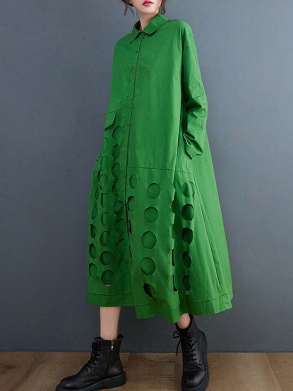 Asymmetric Hollow Polka-Dot Solid Color A-Line Long Sleeves Lapel Midi Dresses