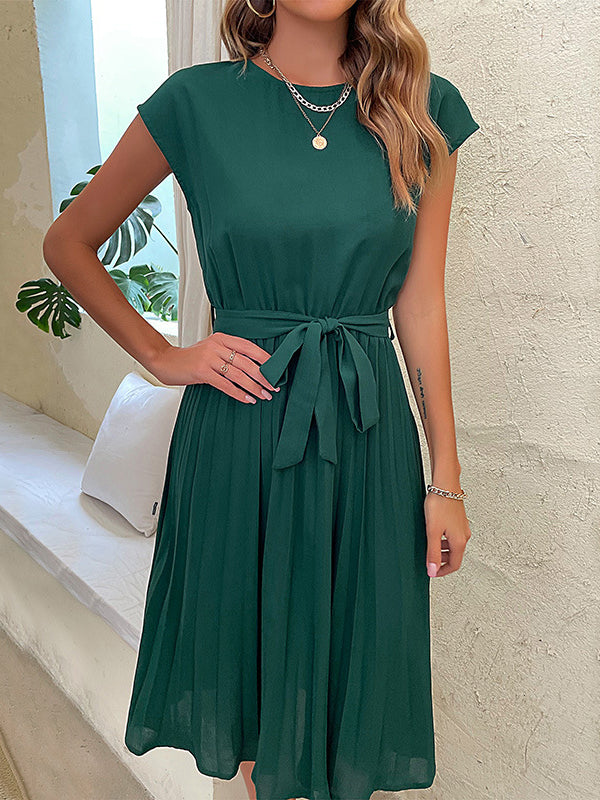 Pleated Solid Color Tied Waist A-Line Loose Round-Neck Midi Dresses