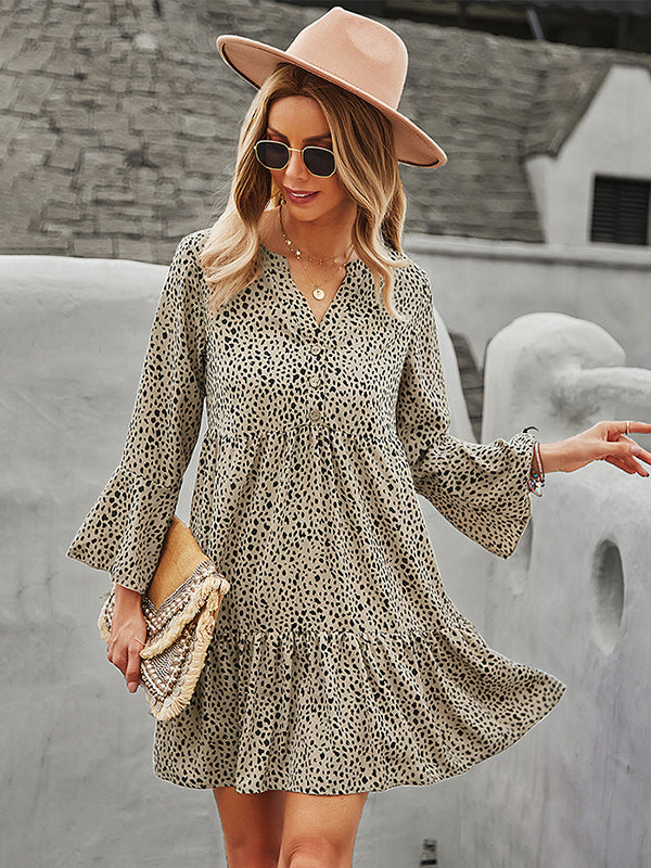 V-Neck Polka Dot Long Flare Sleeves Mini Dress