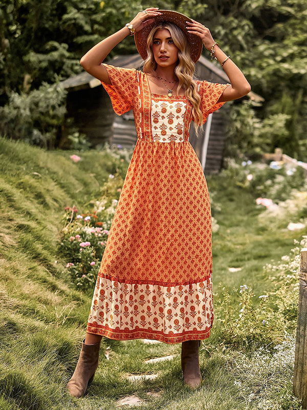Bohemia Flared Sleeves Loose Floral Printed U-Neck Maxi Dress