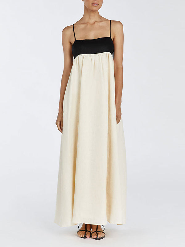 Contrast Color Pleated Split-Joint A-Line Loose Spaghetti-Neck Maxi Dresses