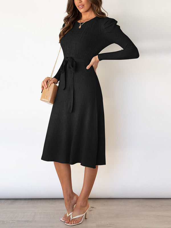 Solid Color Tied Waist High Waisted Long Sleeves Round-Neck Sweater Dresses Midi Dresses