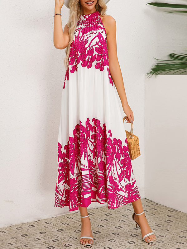 Hollow Pleated Printed Tied A-Line Loose Mock Neck Midi Dresses