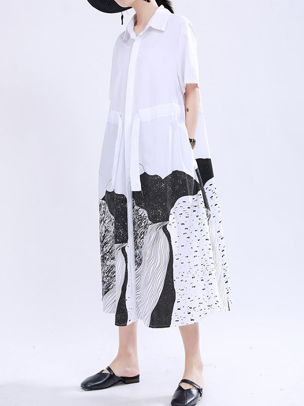 Contrast Color Drawstring Printed Tied Waist Loose Short Sleeves Lapel Shirt Dress Midi Dresses
