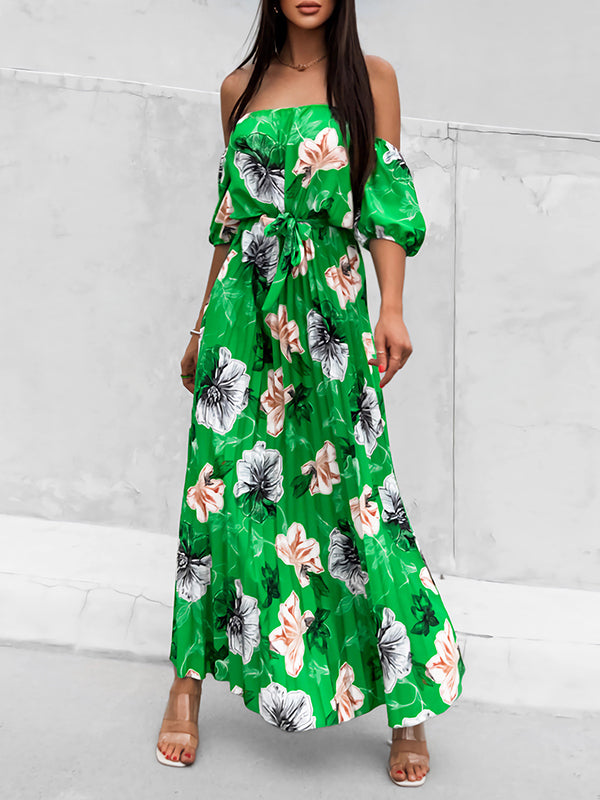 Elasticity Flower Print Pleated Split-Joint Tied Waist A-Line Loose Off-The-Shoulder Maxi Dresses