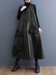 Flower-Embellished Split-Joint A-Line Loose V-Neck Midi Dresses