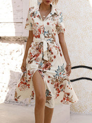 Buttoned Flower Print Tied Waist A-Line Loose Lapel Midi Dresses