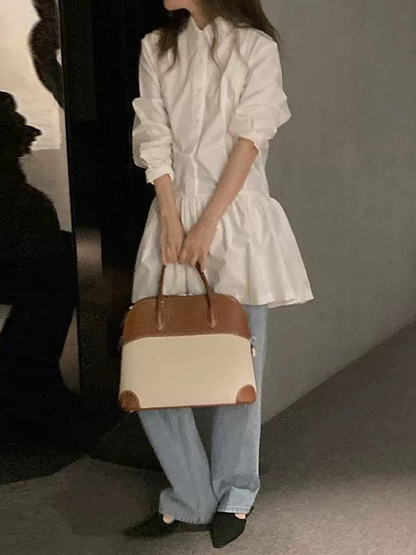 Buttoned Pleated Solid Color A-Line Long Sleeves Lapel Shirt Dress Mini Dresses