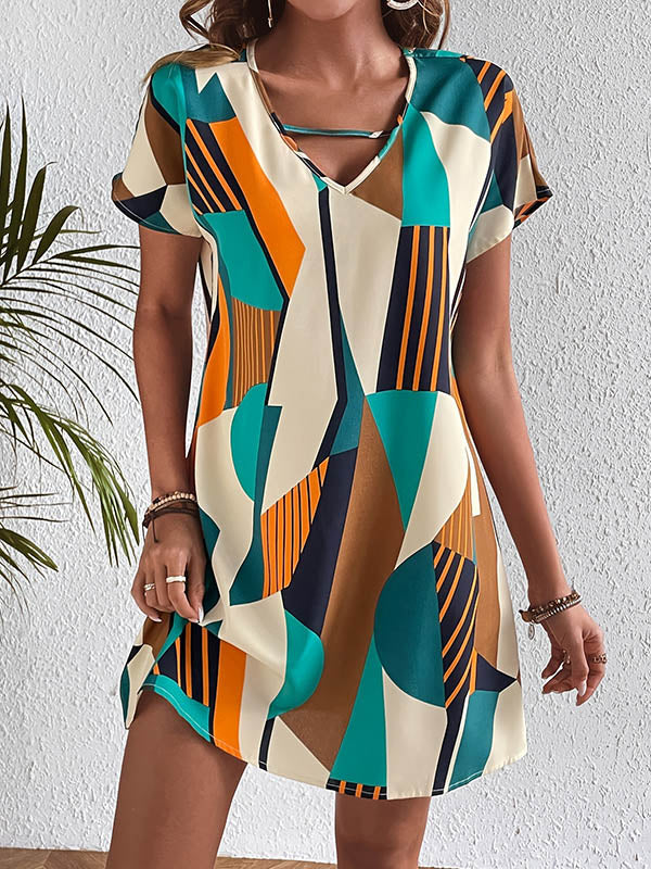 Contrast Color Printed Zipper A-Line Loose V-Neck Mini Dresses