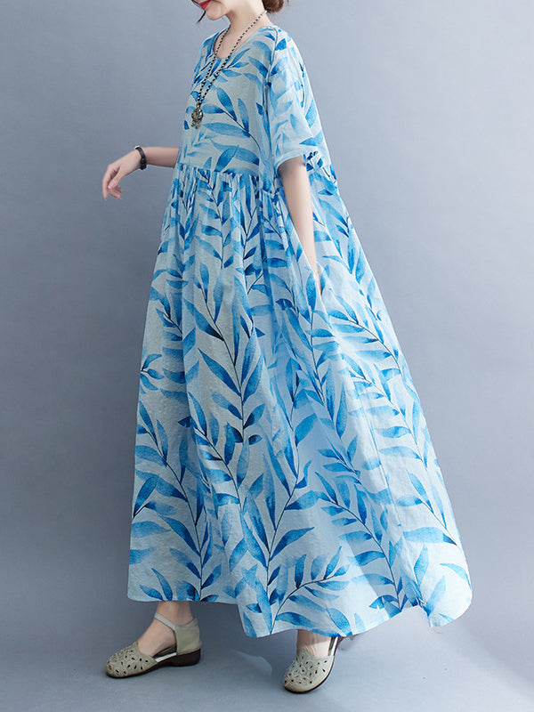 Leaf Pleated Printed Split-Joint Loose Short Sleeves Round-Neck Midi Dresses