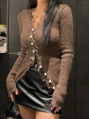 Solid Rib V Neck Frayed Trim Knit Cardigan
