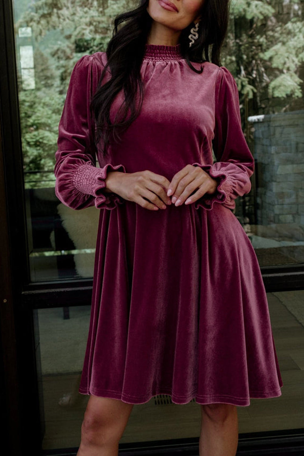Burgundy Long Sleeve Dress Smocked High Neck Flounce Sleeve Velvet Dre