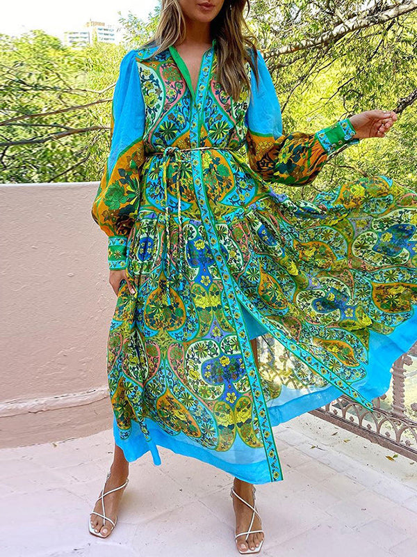Belted Floral Printed High Waisted Loose Lapel Midi Dresses