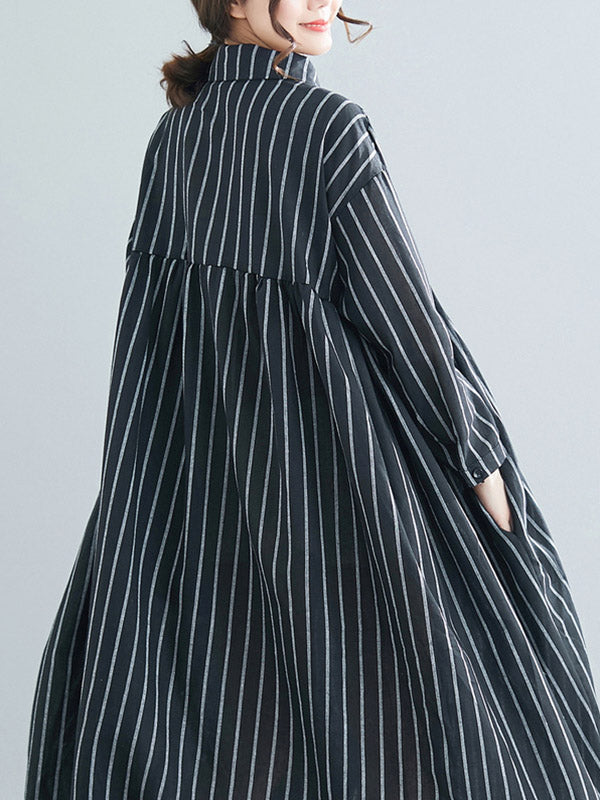 Simple Striped Buttoned Lapel Long Sleeves Shirt Dress