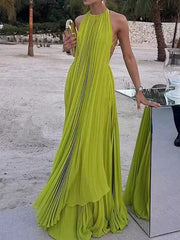 Solid Color Pleated Sleeveless Backless Bandage Pleated Maxi Dresses
