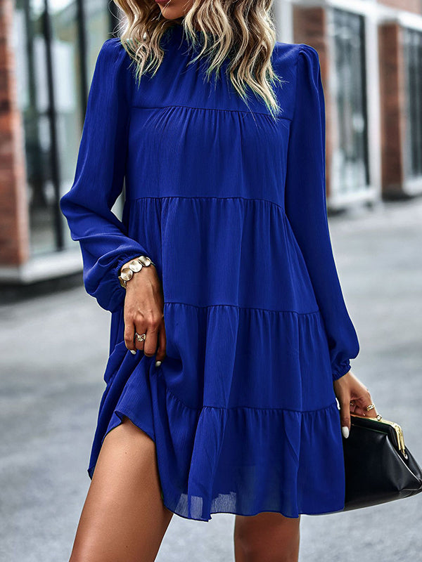 Elasticity Pleated Solid Color Split-Joint Tied A-Line Bishop Sleeve Mock Neck Mini Dresses