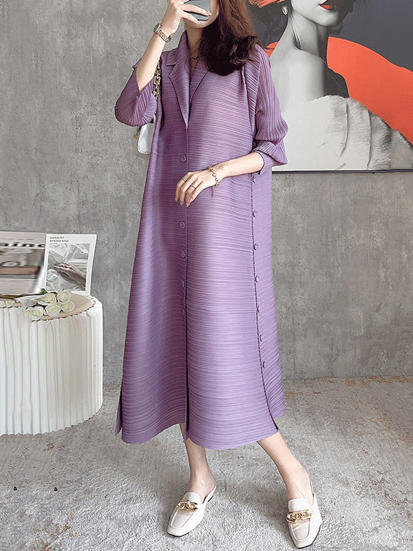 Fashion Solid Color Pleated Long Sleeves Shirt Dress Midi Dress