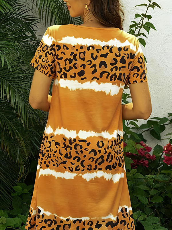 Leopard Loose Short Sleeves Round-Neck Midi Dresses