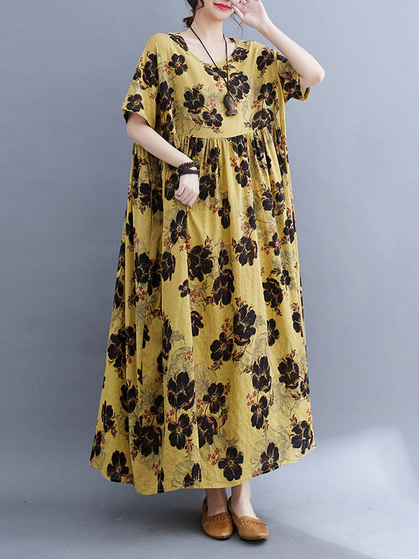 Pleated Printed Split-Joint Loose Short Sleeves Round-Neck Midi Dresses