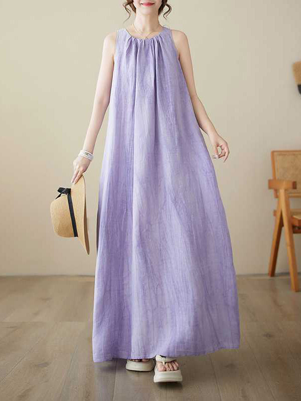 Pleated Solid Color A-Line Loose Round-Neck Midi Dresses