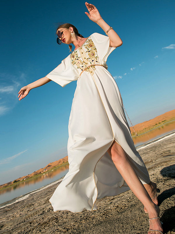 Vacation Loose Solid Color V-Neck Dress