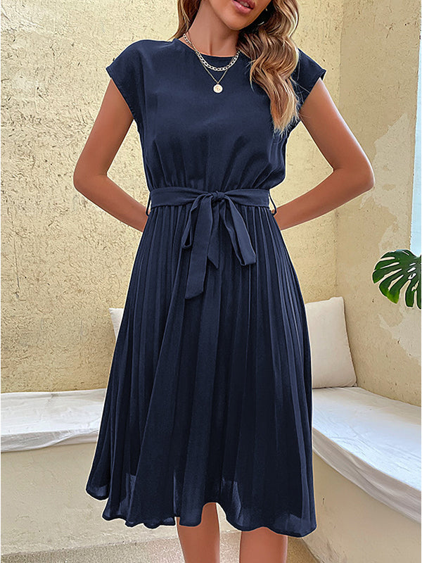 Pleated Solid Color Tied Waist A-Line Loose Round-Neck Midi Dresses