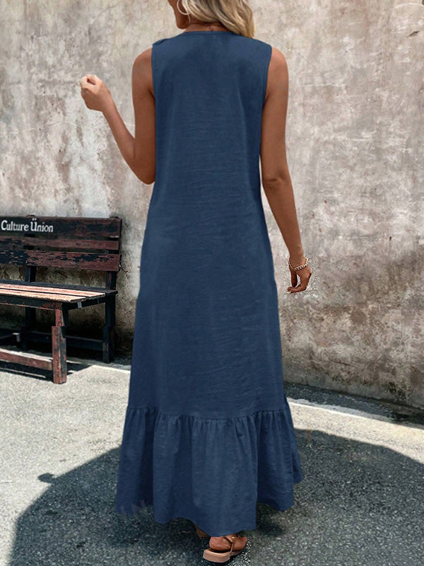 Pleated Ruffle Trim Solid Color A-Line Loose V-Neck Maxi Dresses