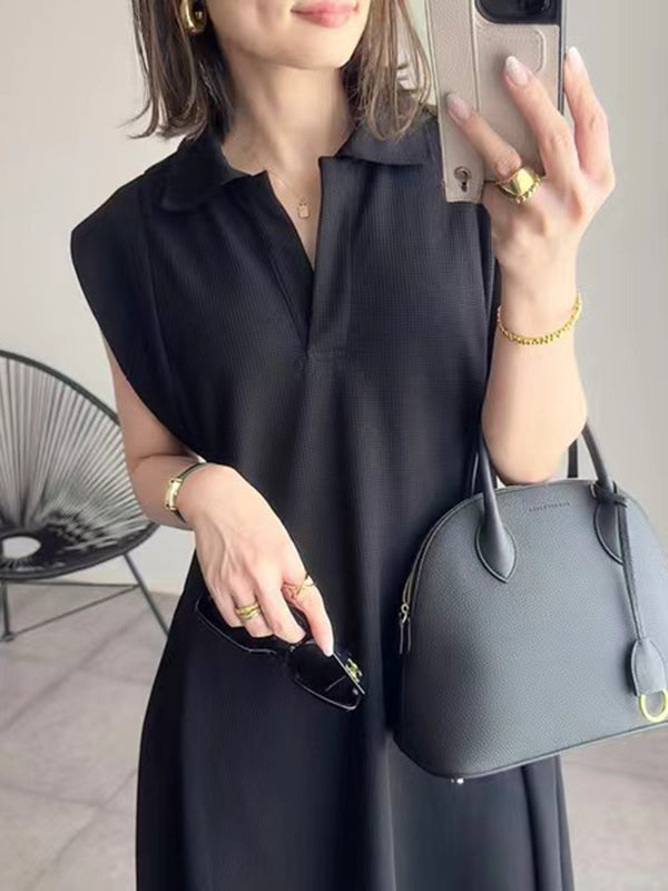 Pleated Solid Color Loose Raglan Sleeve Lapel Maxi Dresses