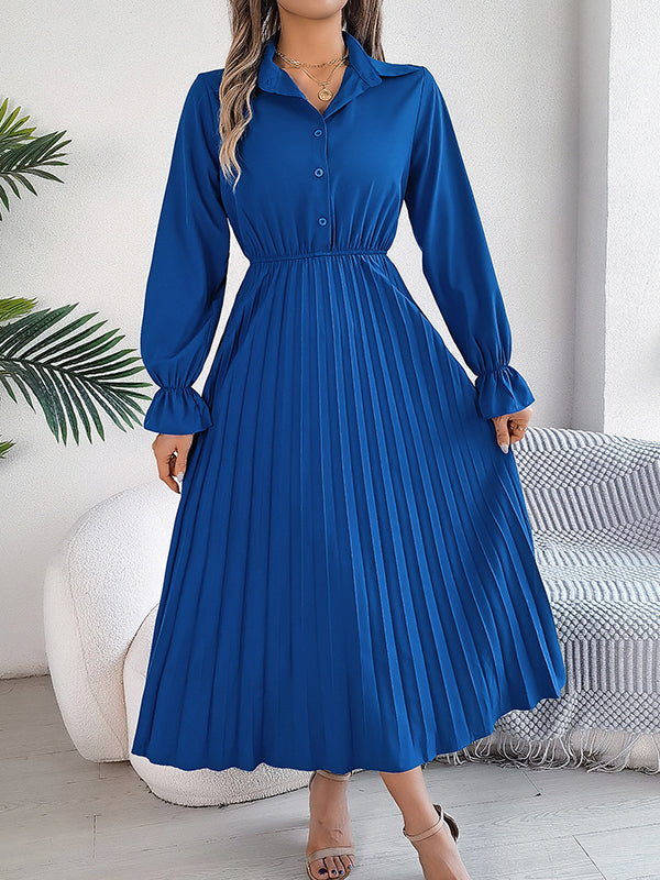 Buttoned Elasticity Pleated Solid Color A-Line Flared Sleeves Lapel Maxi Dresses