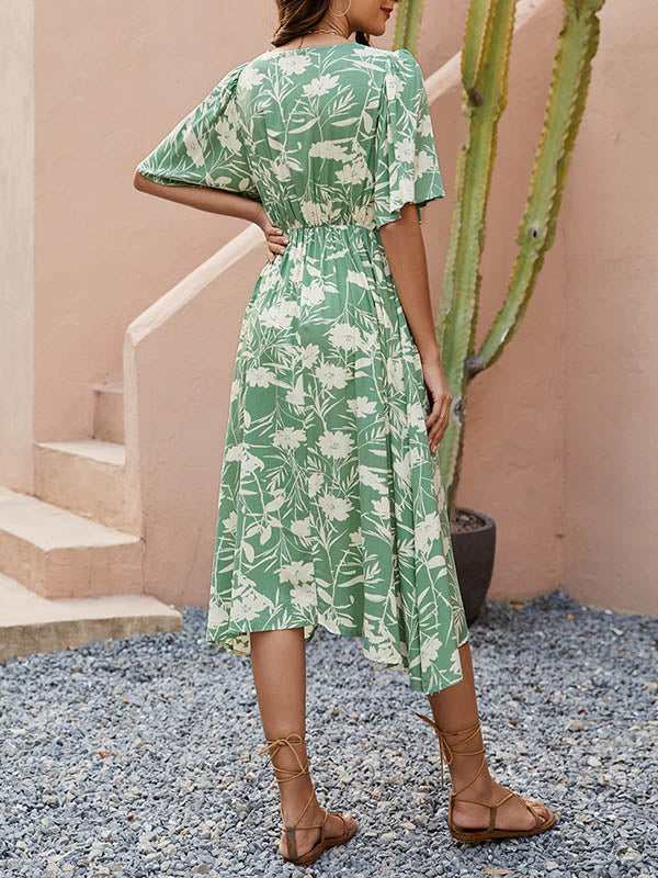 Buttoned Contrast Color Pleated A-Line Half Sleeves V-Neck Midi Dresses