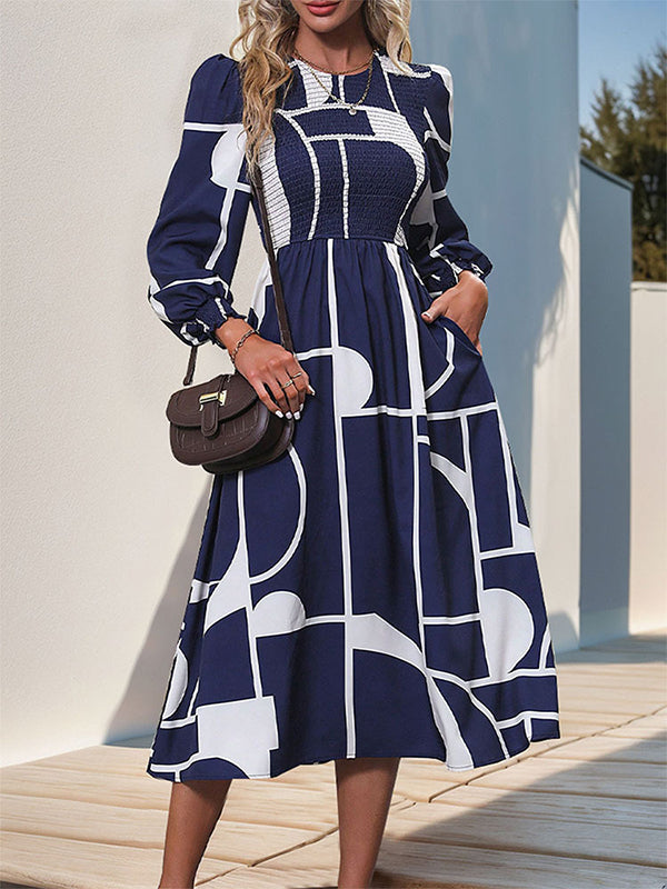 Elasticity Printed Split-Joint A-Line High Waisted Round-Neck Midi Dresses