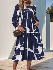 Elasticity Printed Split-Joint A-Line High Waisted Round-Neck Midi Dresses