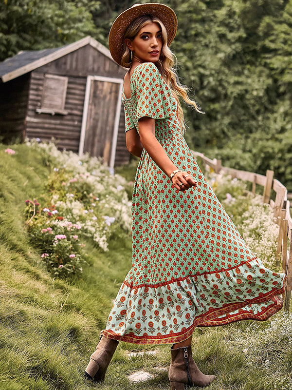 Bohemia Flared Sleeves Loose Floral Printed U-Neck Maxi Dress