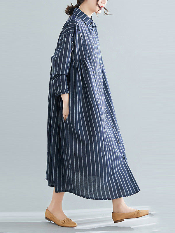 Simple Striped Buttoned Lapel Long Sleeves Shirt Dress