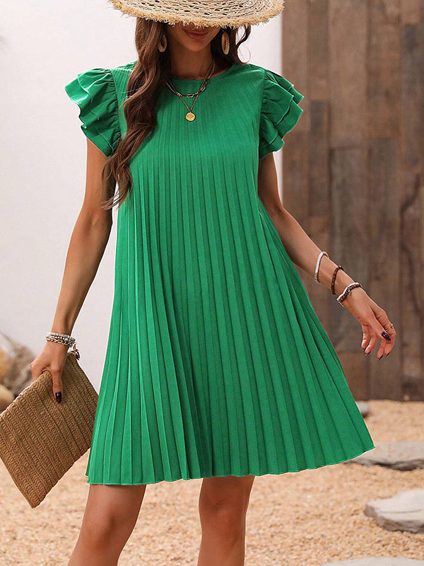Hollow Pleated Solid Color Split-Joint A-Line Loose Round-Neck Mini Dresses