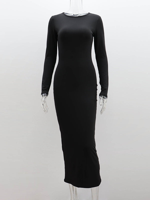 Solid Color Split-Joint Bodycon Long Sleeves Round-Neck Maxi Dresses