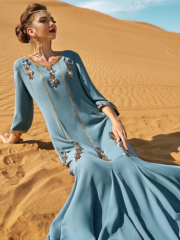 Vacation Loose Embroidered Solid Color V-Neck Dress