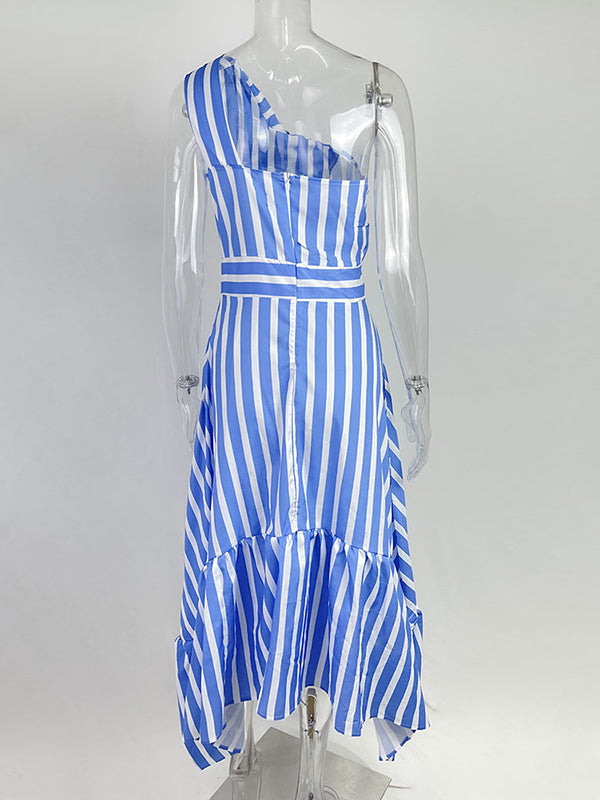 Asymmetric Hollow Pleated Pockets Split-Joint Striped Zipper High Waisted Loose One-Shoulder Midi Dresses
