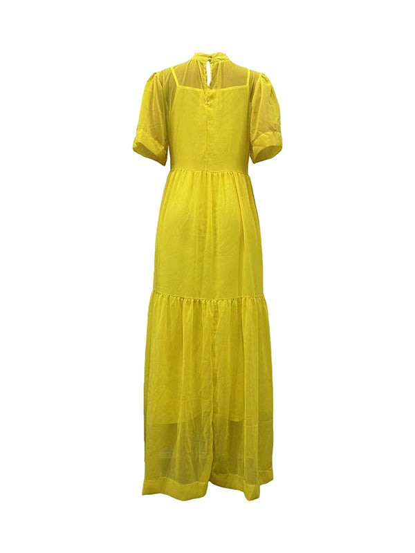 Mesh Pleated Solid Color Split-Joint Loose Plus Size Mock Neck Two Pieces Set Maxi Dresses
