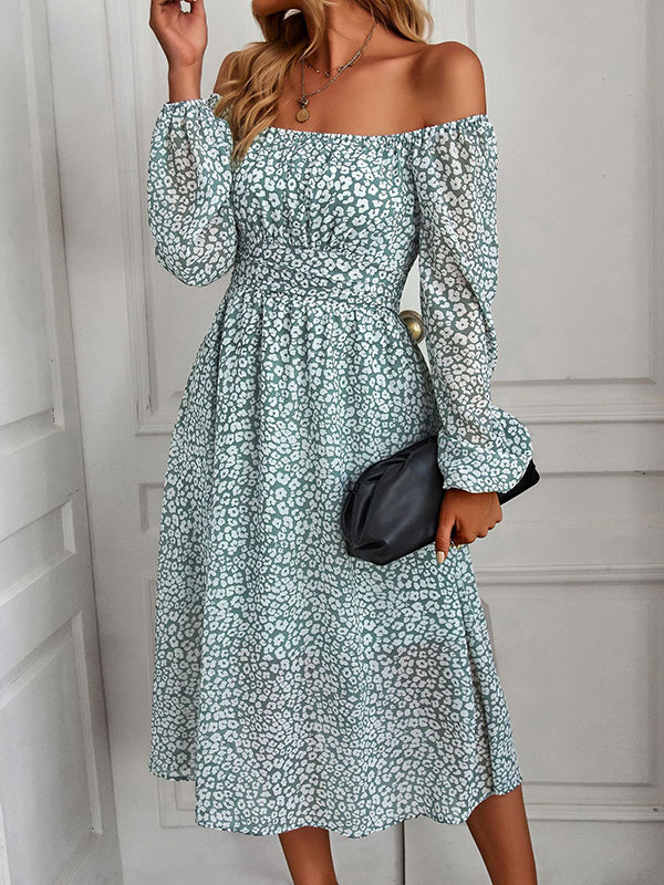 Vacation Loose Long Sleeves Floral Printed U-Neck Midi Dress
