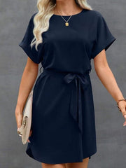 Solid Color Tied Waist Loose Short Sleeves Round-Neck Mini Dresses