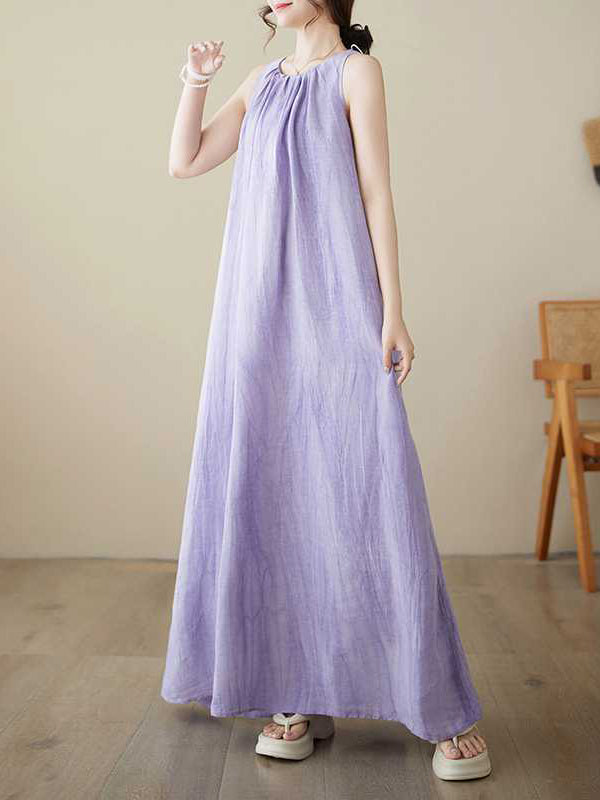 Pleated Solid Color A-Line Loose Round-Neck Midi Dresses