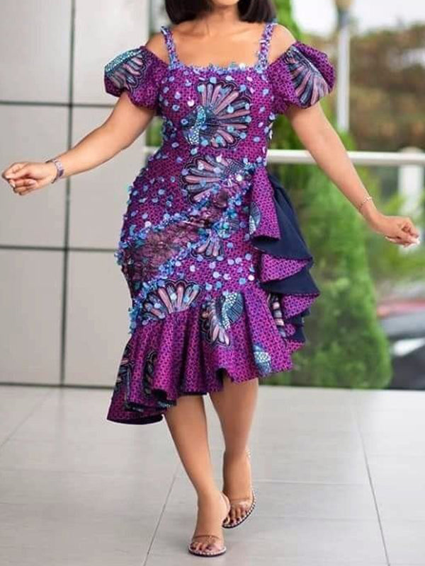 Floral Printed Off-The-Shoulder Falbala Split-Joint Wrap Midi Dress