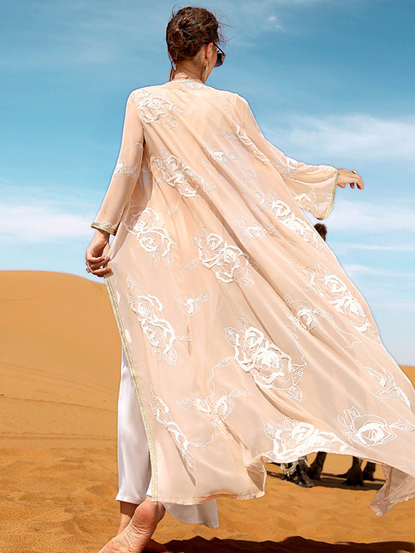 Vacation Loose Long Sleeves Embroidered Solid Color Round-Neck Dress