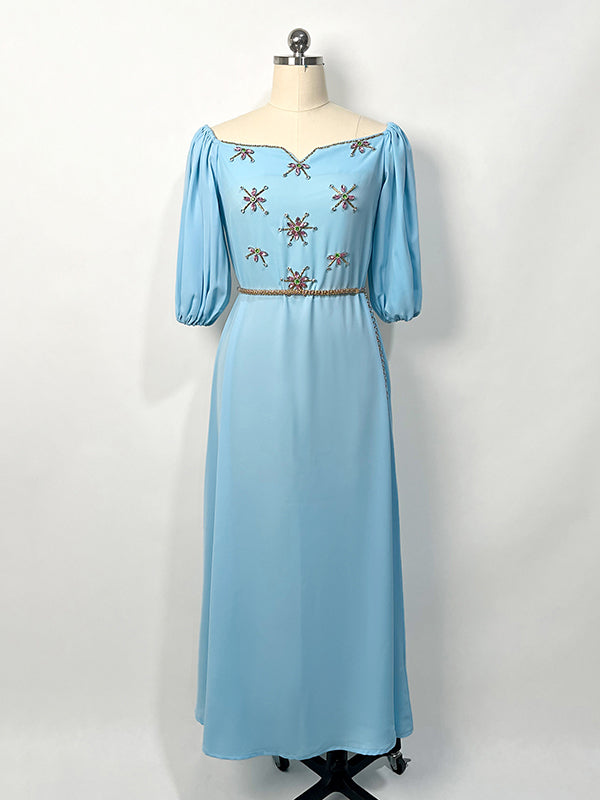 Vacation Loose Puff Sleeves Solid Color One-Shoulder Dress