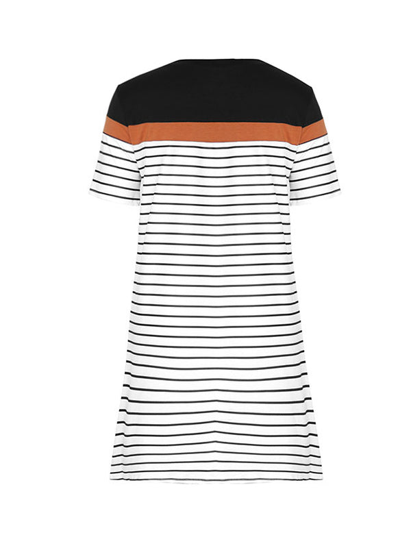 Contrast Color Striped Loose Short Sleeves Round-Neck Mini Dresses