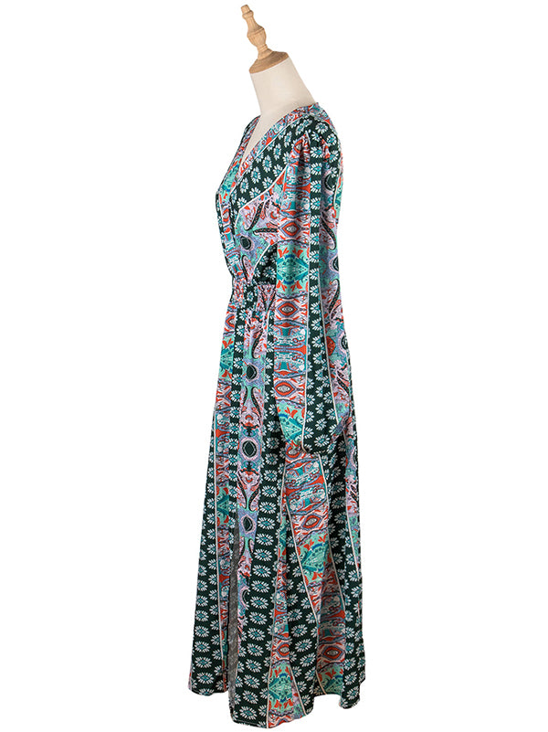 Bohemia A-Line Puff Sleeves Floral V-Neck Dress