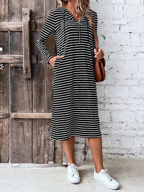 Drawstring Striped Zipper Long Sleeves Loose Hooded Midi Dresses